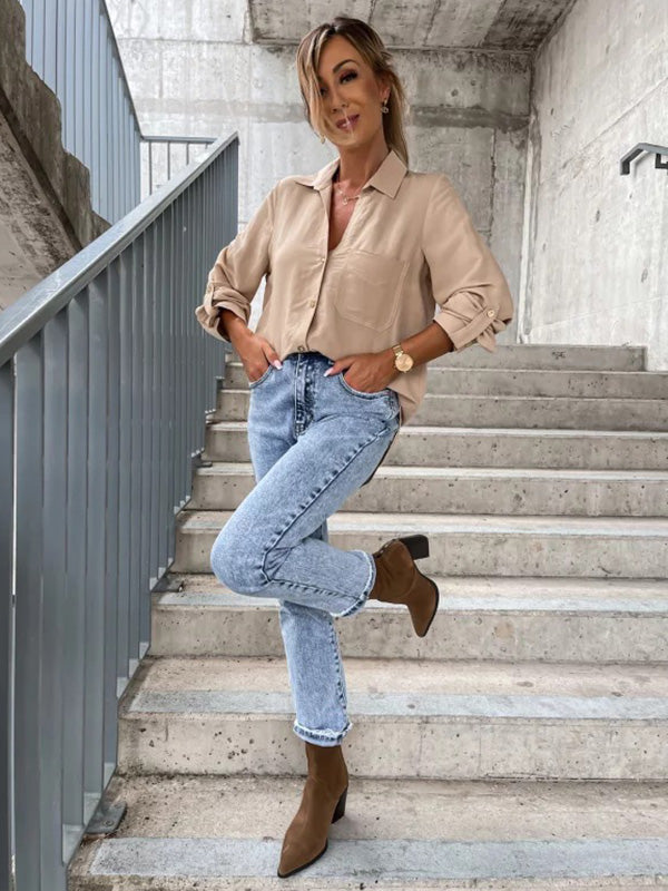 Chemisiers tendance à manches longues et col à revers de couleur unie 