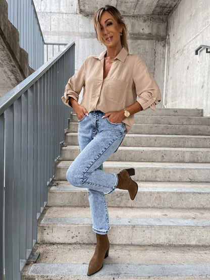 Chemisiers tendance à manches longues et col à revers de couleur unie 