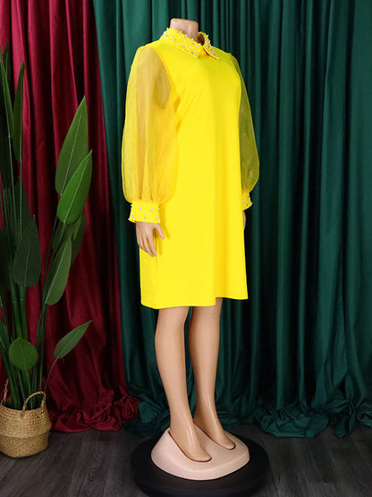 Puff Sleeves Beads Mesh Solid Color Split-Joint Round-neck Midi Dresses