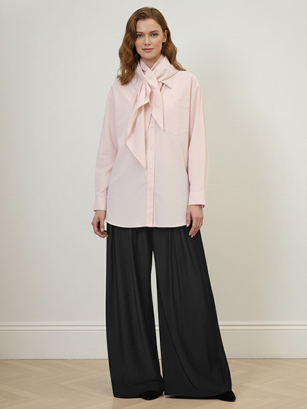 Long Sleeves Loose Buttoned Neckerchief Pockets Solid Color Lapel Blouses&Shirts Tops