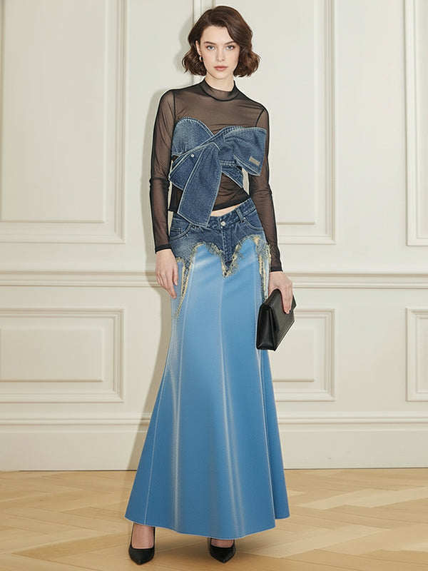 Irregularity Low-Waisted Asymmetric Contrast Color Fringed Split-Joint Skirts Bottoms