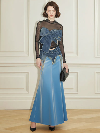 Irregularity Low-Waisted Asymmetric Contrast Color Fringed Split-Joint Skirts Bottoms