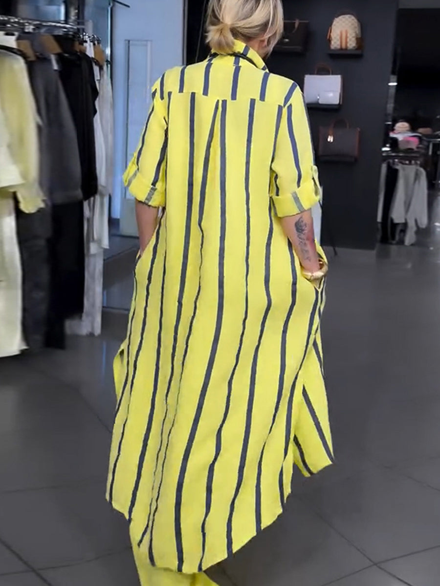 Striped Contrast Color Buttoned Loose High-low Lapel Blouses&shirts Tops