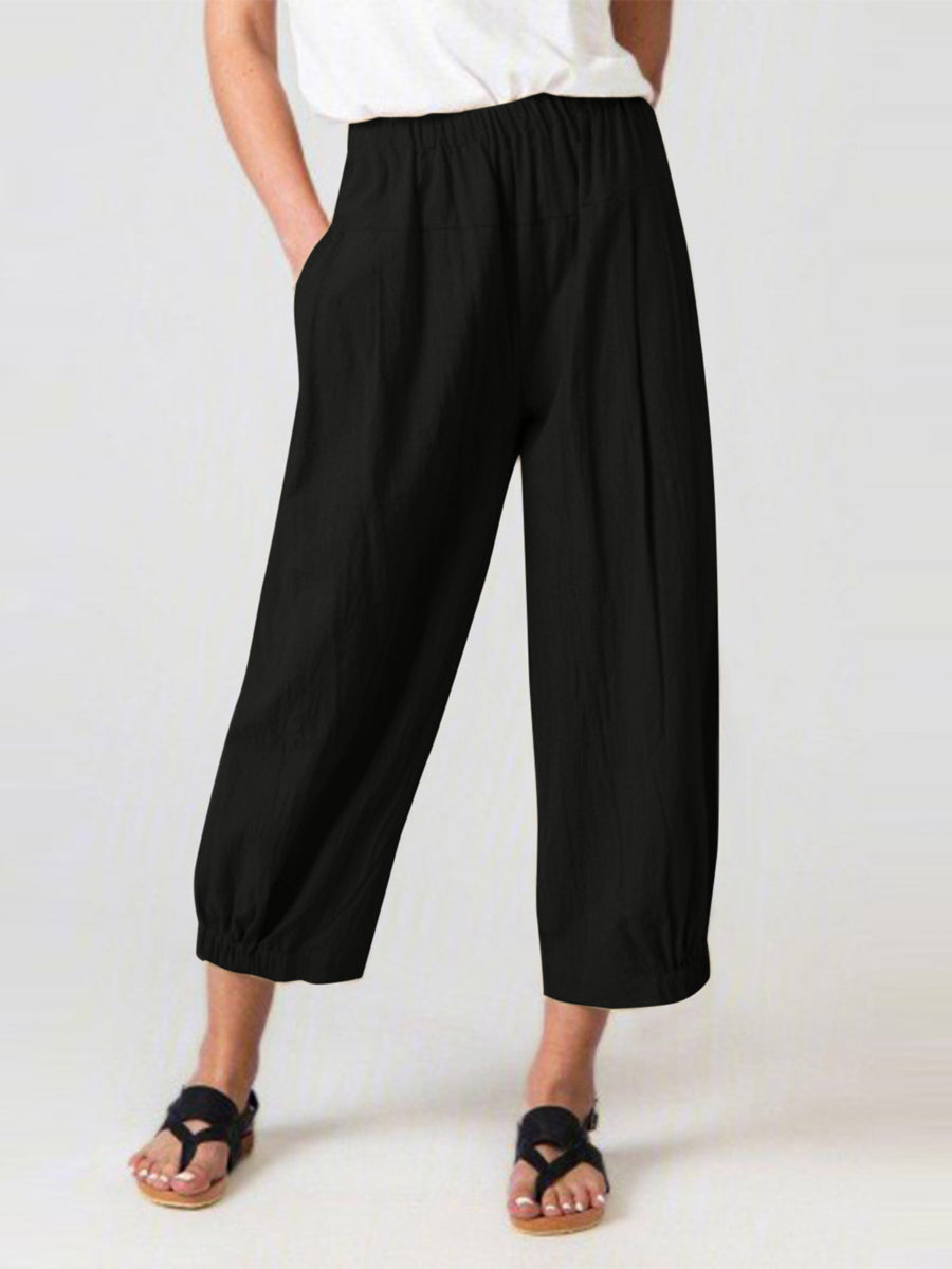 Solid Color Pockets Elasticity High Waisted Trousers Ninth Pants