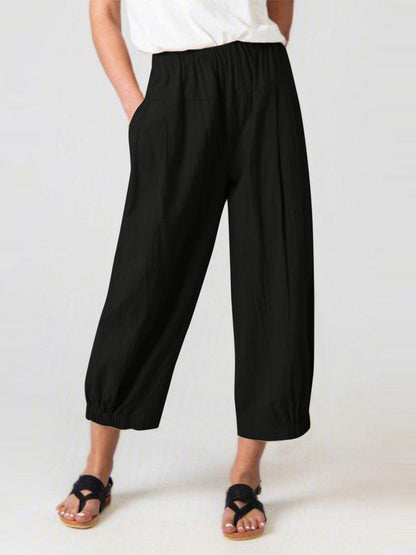 Solid Color Pockets Elasticity High Waisted Trousers Ninth Pants