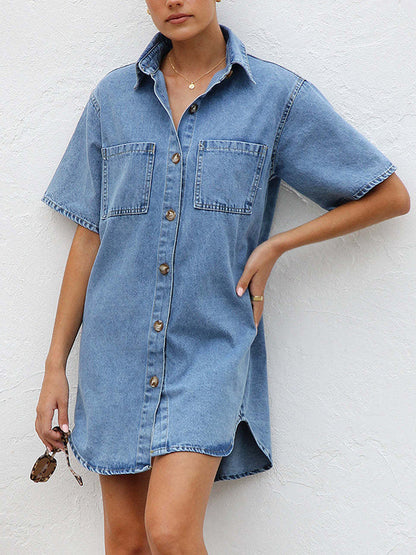 Loose Short Sleeves Split-Joint Lapel Mini Dresses Shirt Dress