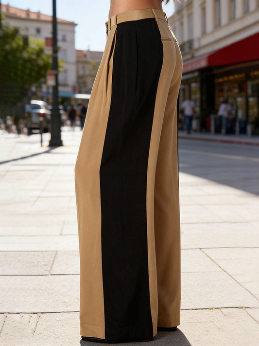 High Waisted Straight Leg Contrast Color Pleated Pockets Zipper Suit Pants Trousers