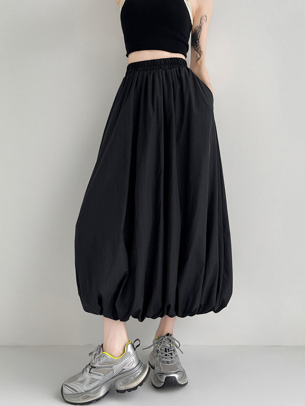 A-Line Loose Elasticity Pleated Pockets Solid Color Skirts Bottoms