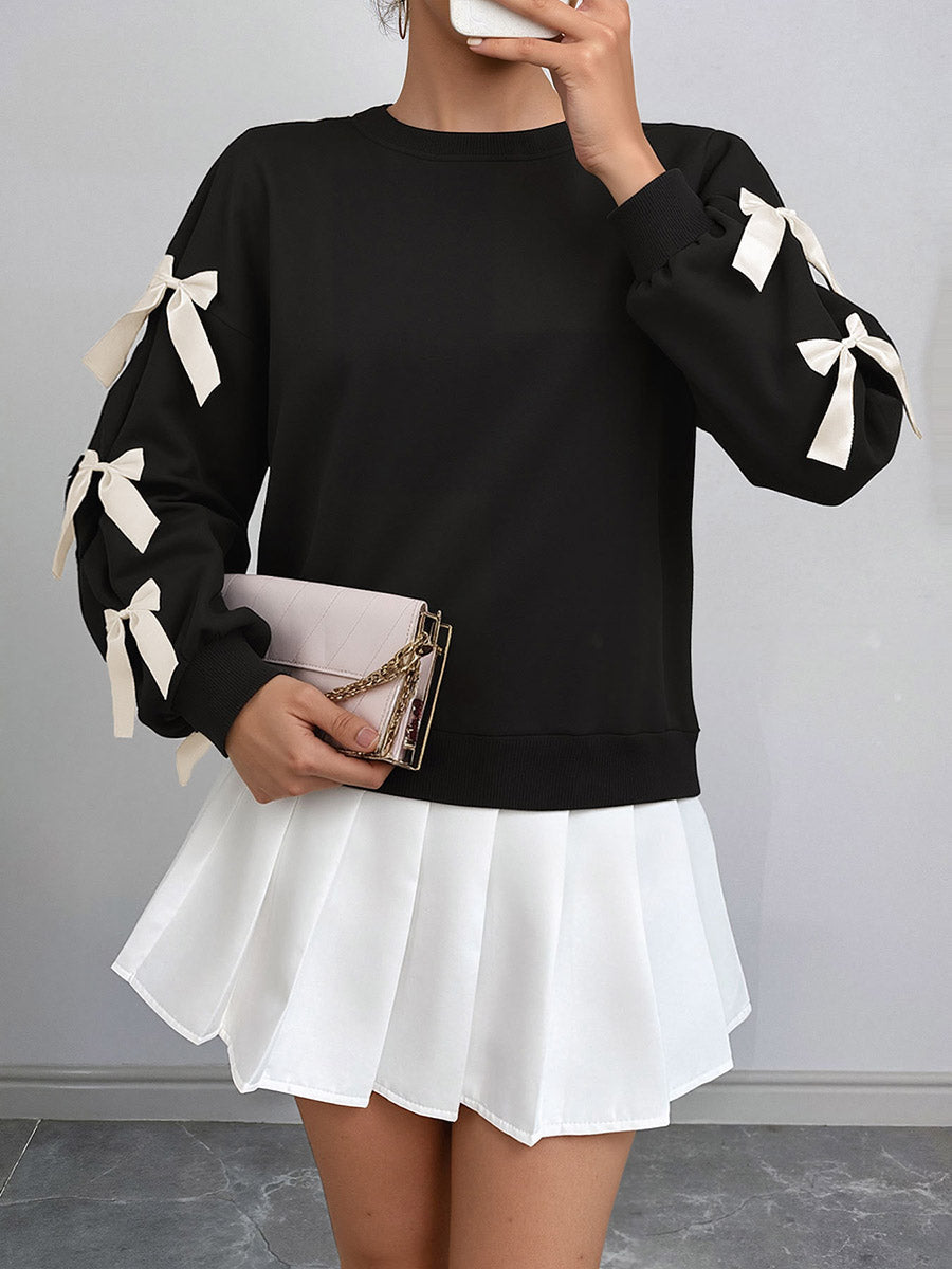 Split-Joint Contrast Color Bow-Embellished Loose Long Sleeves Round-Neck Sweatshirt Tops