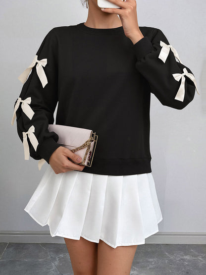 Split-Joint Contrast Color Bow-Embellished Loose Long Sleeves Round-Neck Sweatshirt Tops