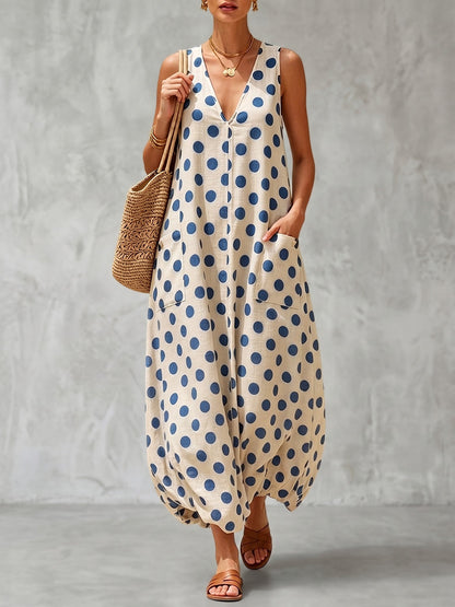 Loose Sleeveless Contrast Color Pockets Polka-Dot V-Neck Maxi Dresses