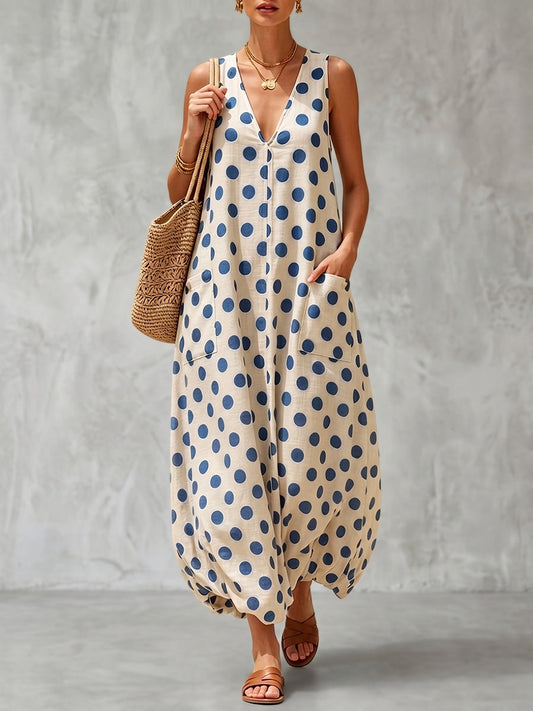 Loose Sleeveless Contrast Color Pockets Polka-Dot V-Neck Maxi Dresses