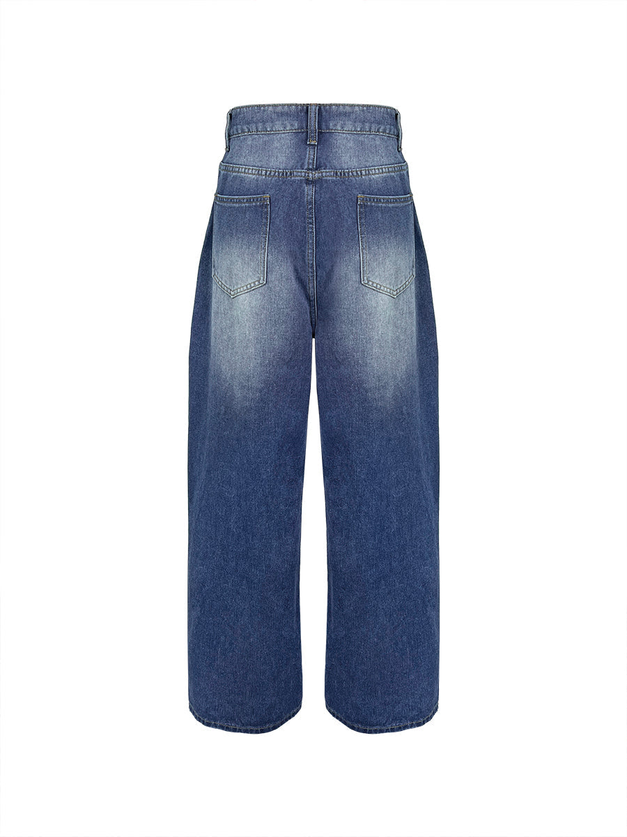 Split-Joint Pockets Hollow Geometric Buttoned Wide Leg Loose Jean Pants Bottoms