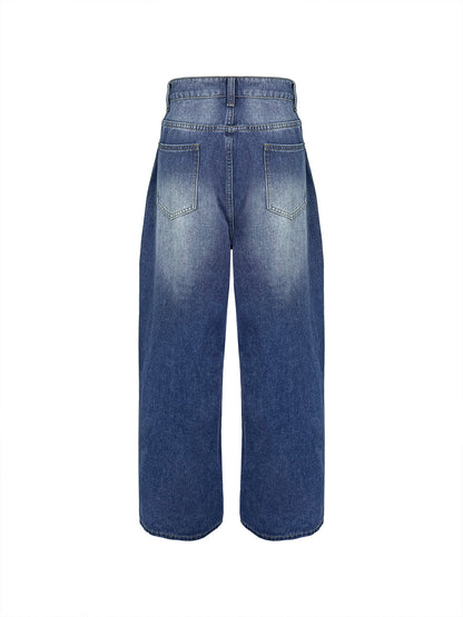 Split-Joint Pockets Hollow Geometric Buttoned Wide Leg Loose Jean Pants Bottoms