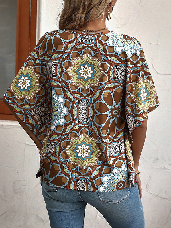 Batwing Sleeves Loose Buttoned Flower Print V-Neck Blouses&Shirts Tops