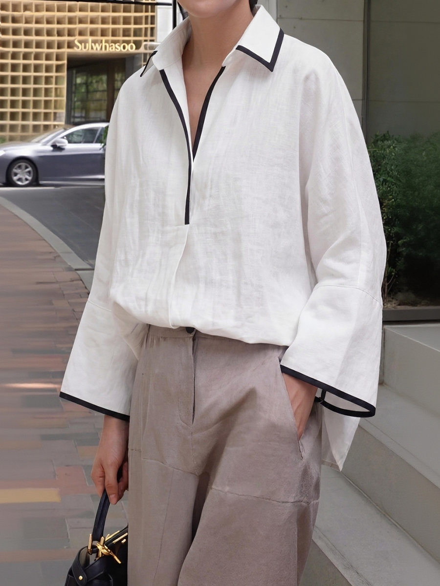Flared Sleeves Long Sleeves Solid Color Split-Joint Lapel Blouses&Shirts Tops
