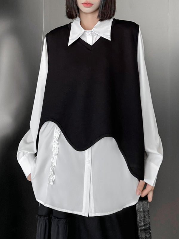 Hipster Long Sleeves Buttoned Falbala Ruffled Solid Color Split-Joint Lapel Blouses&Shirts Tops