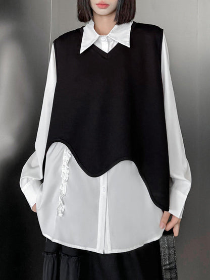 Hipster Long Sleeves Buttoned Falbala Ruffled Solid Color Split-Joint Lapel Blouses&Shirts Tops