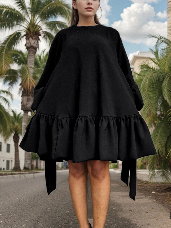 Long Sleeves Loose Falbala Solid Color Stand Collar Mini Dresses