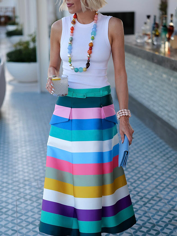 A-Line Loose Belted Contrast Color Split-Joint Striped Skirts Bottoms