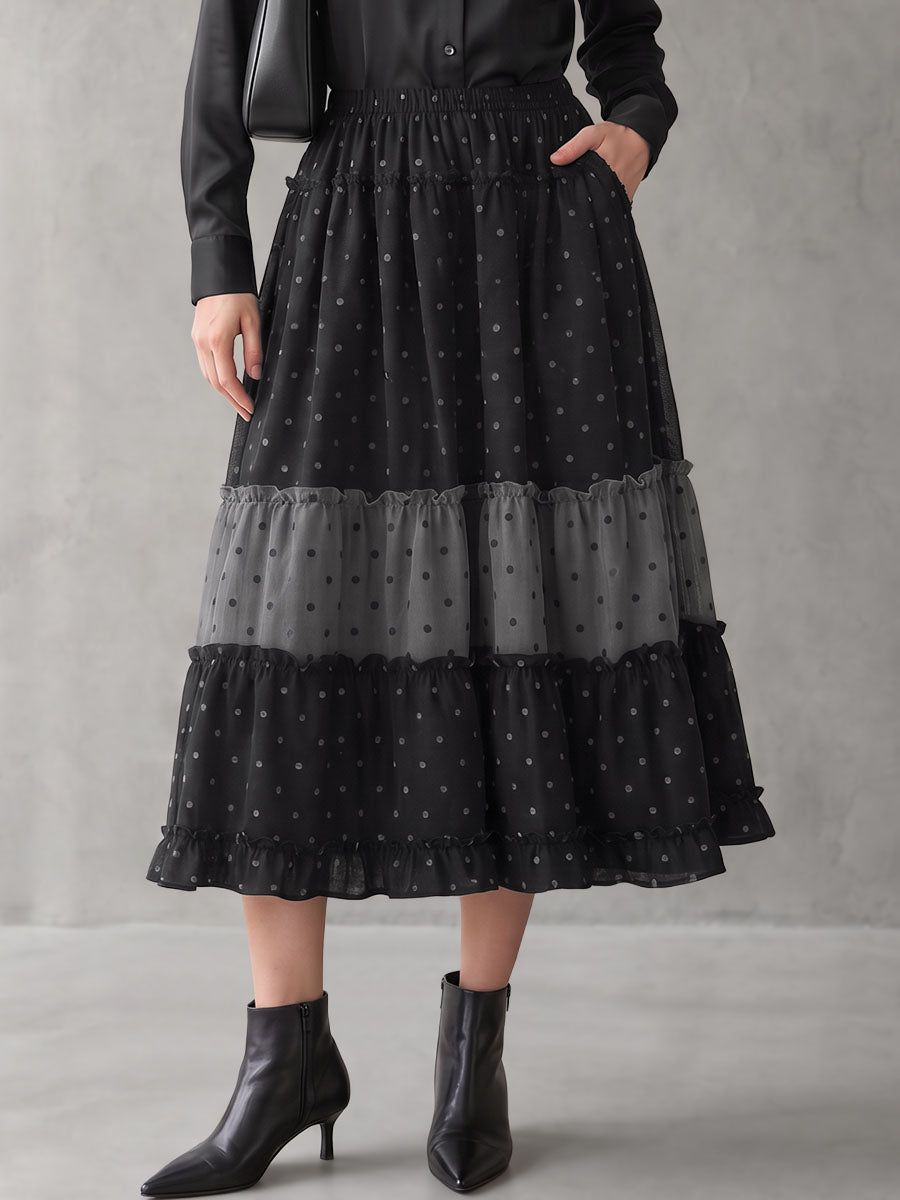 Split-Joint Ruffle Trim Polka-Dot Elasticity Contrast Color Loose A-line Skirts