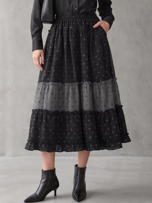 Split-Joint Ruffle Trim Polka-Dot Elasticity Contrast Color Loose A-line Skirts