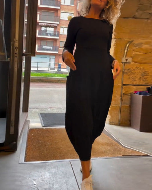 Solid color round neck long sleeve pocket dress Black S