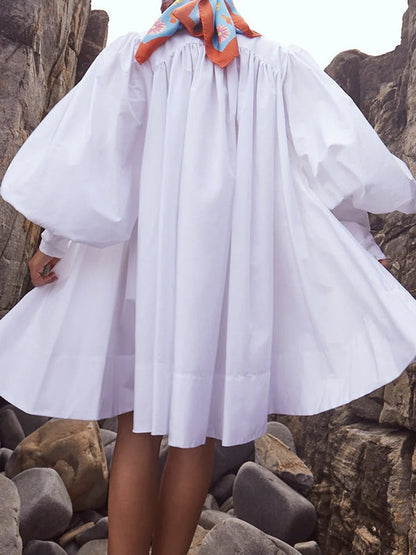 Long Sleeves Loose Buttoned Solid Color Stand Collar Mini Dresses Shirt Dress