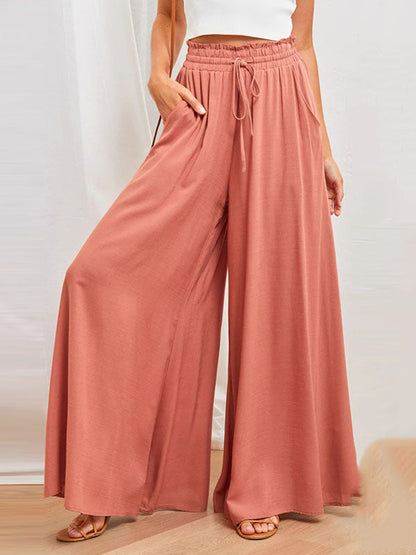 High Waisted Loose Drawstring Elasticity Pockets Solid Color Pants Trousers ORANGE