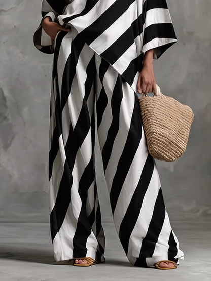 Striped Pockets Contrast Color Wide Leg Loose Trousers Pants