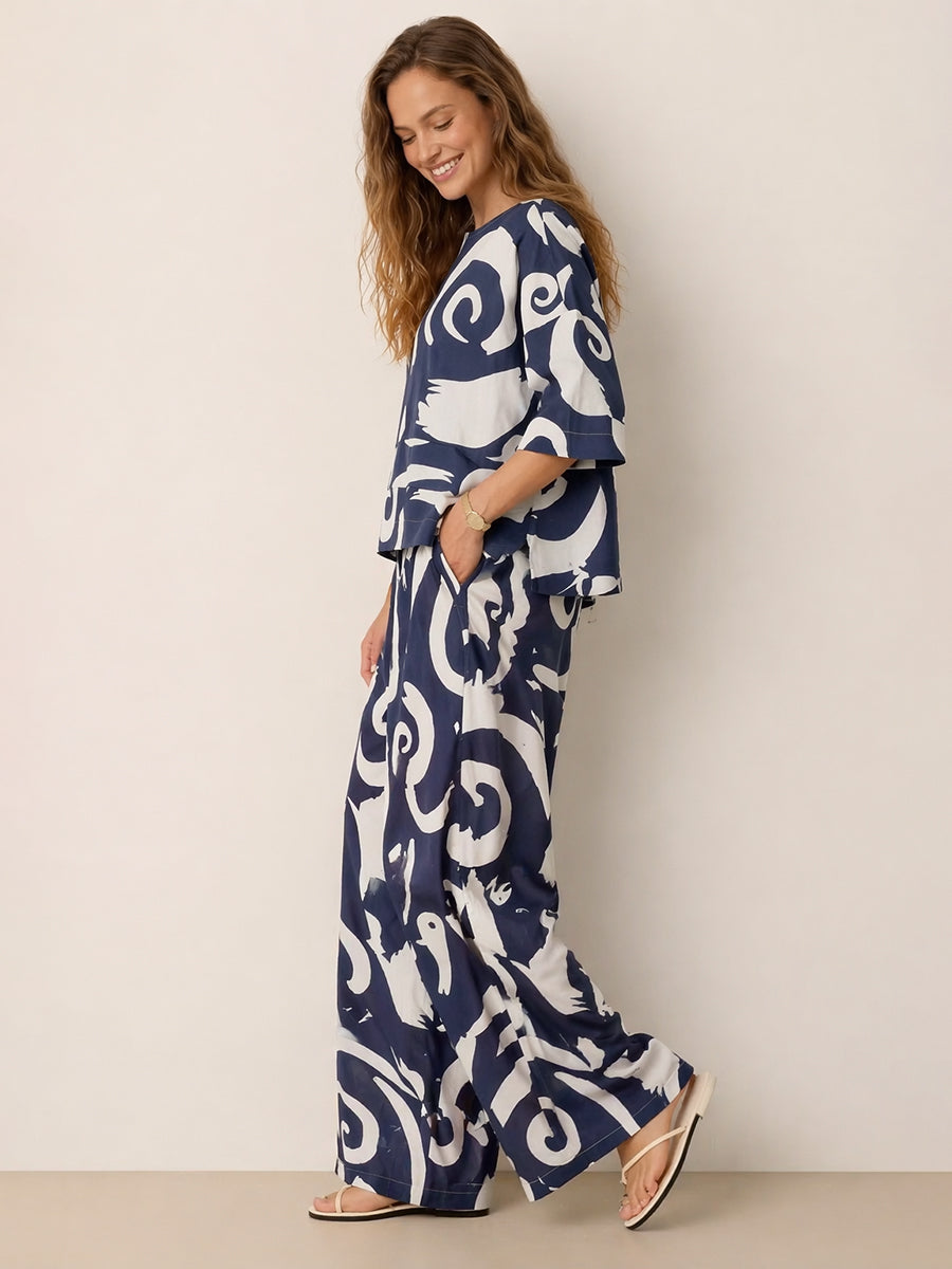 Printed Contrast Color Loose Three-Quarter Sleeve Round-Neck Blouses&Shirts Tops + Elasticity Wide Leg  Pockets Pants Bottoms Two Pieces Set