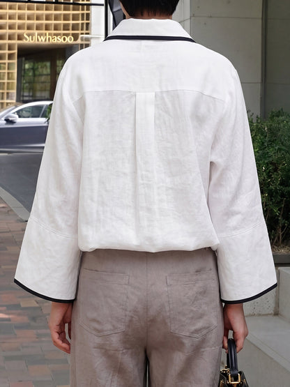 Flared Sleeves Long Sleeves Solid Color Split-Joint Lapel Blouses&Shirts Tops