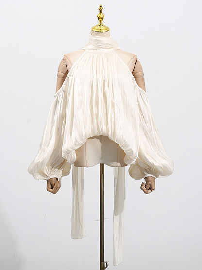 Long Sleeves Loose Pleated Solid Color Tied Halter-Neck Blouses&Shirts Tops