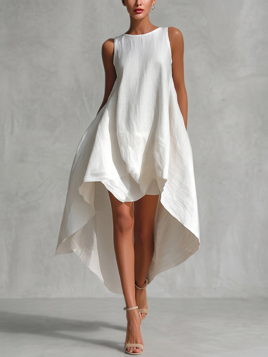 A-Line High-Low Solid Color Zipper Round-Neck Maxi Dresses