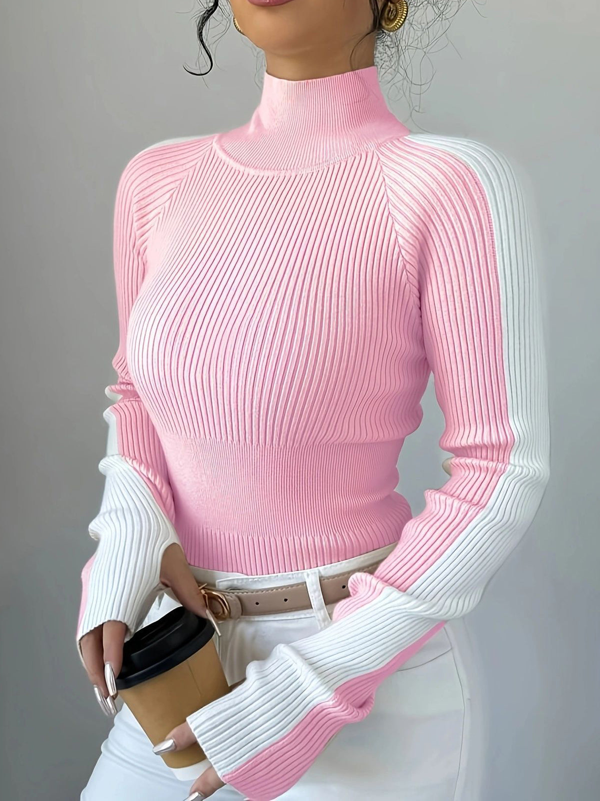 Contrast Color Skinny Long Sleeves High-neck Sweater Tops Pullovers