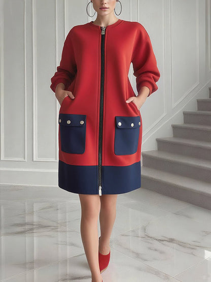 Long Sleeves Loose Contrast Color Pockets Split-Joint Zipper Round-Neck Midi Dresses