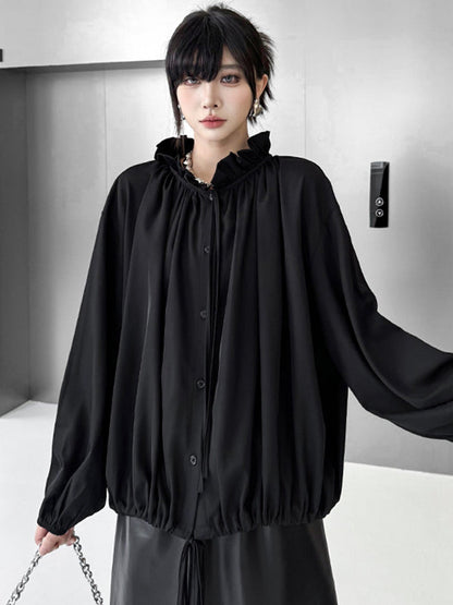 Long Sleeves Loose Drawstring Pleated Pullover Design Solid Color Lace Collar Blouses&Shirts Tops