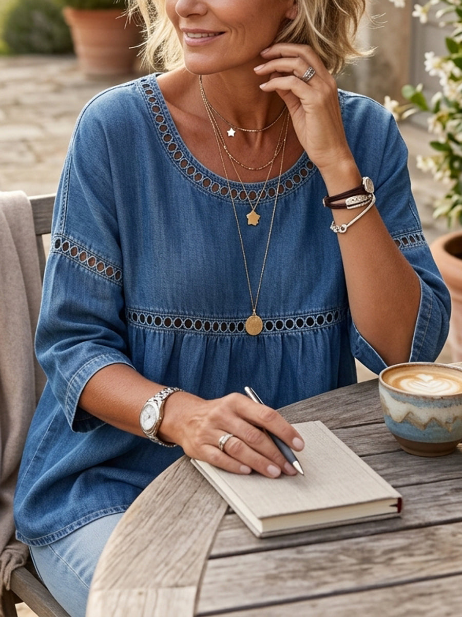 Loose Three-Quarter Sleeves Hollow Solid Color Round-Neck Blouses&Shirts Tops