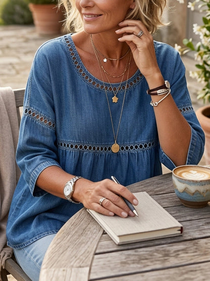 Loose Three-Quarter Sleeves Hollow Solid Color Round-Neck Blouses&Shirts Tops