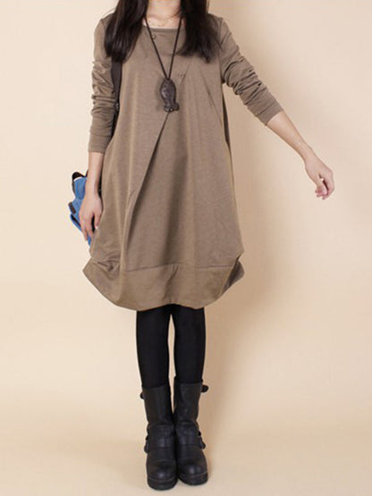 A-line Long Sleeves Pleated Solid Color Round-neck Dresses Maxi Dresses