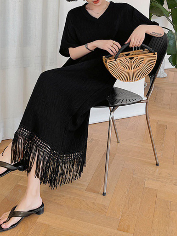 Loose Short Sleeves Solid Color Split-Joint Tasseled V-Neck Midi Dresses