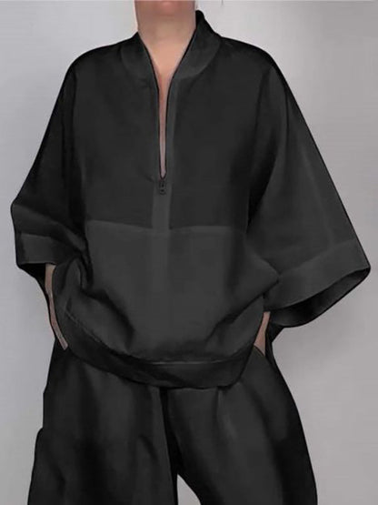 Long Sleeves Loose Solid Color Zipper V-Neck Shirts Tops