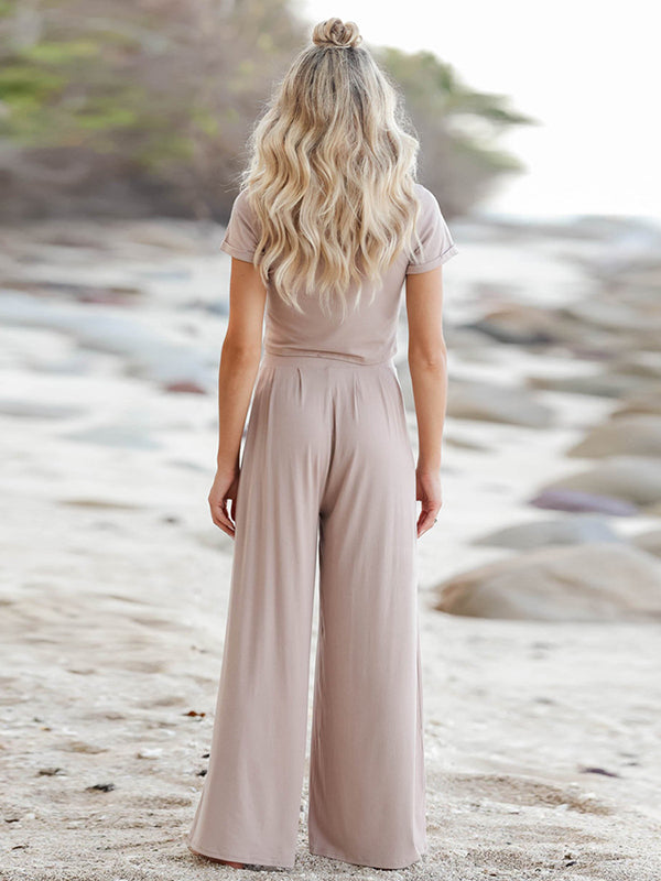 Simple Solid Color T-Shirt & Pants Two Pieces Set