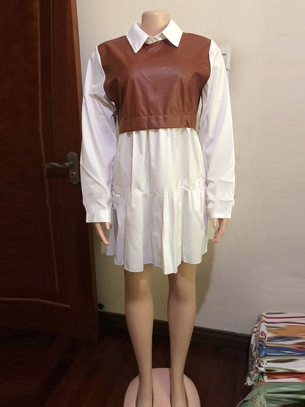 Lange Ärmel, lockere Kontrastfarbe, plissiertes Minikleid mit geteiltem Revers 