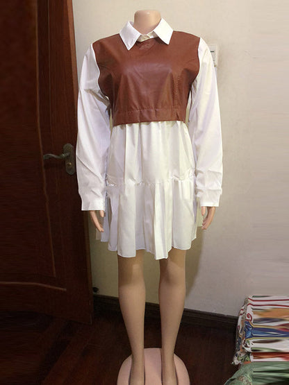 Lange Ärmel, lockere Kontrastfarbe, plissiertes Minikleid mit geteiltem Revers 