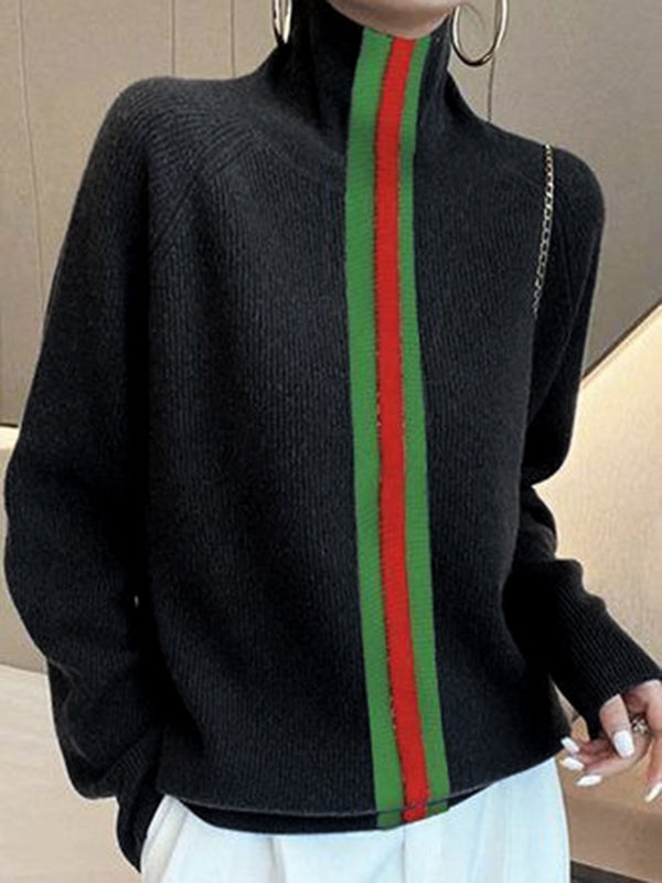 Long Sleeves Loose Split-Joint Striped High Neck Sweater Tops BLACK