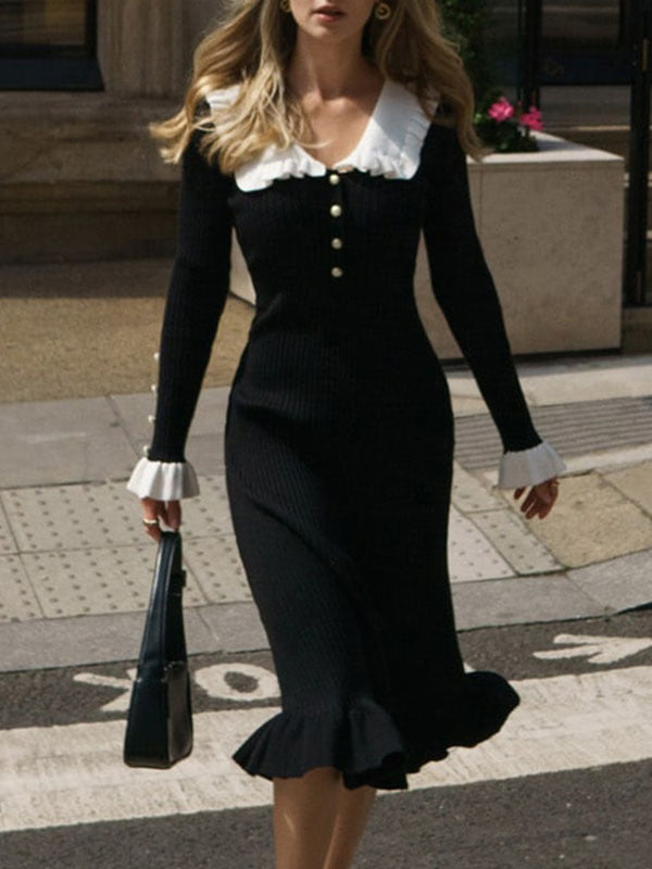 Long Sleeves Pleated Ruffled Split-Joint Peter Pan Collar Midi Dresses Sweater Dresses