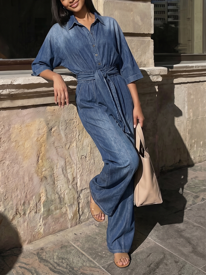 Tied Waist Pockets Gradient Buttoned Loose High Waisted Lapel Jumpsuits