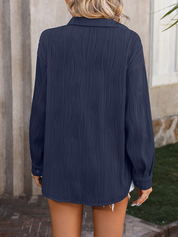 Long Sleeves Buttoned Jacquard Pleated Solid Color Blouses&Shirts Tops