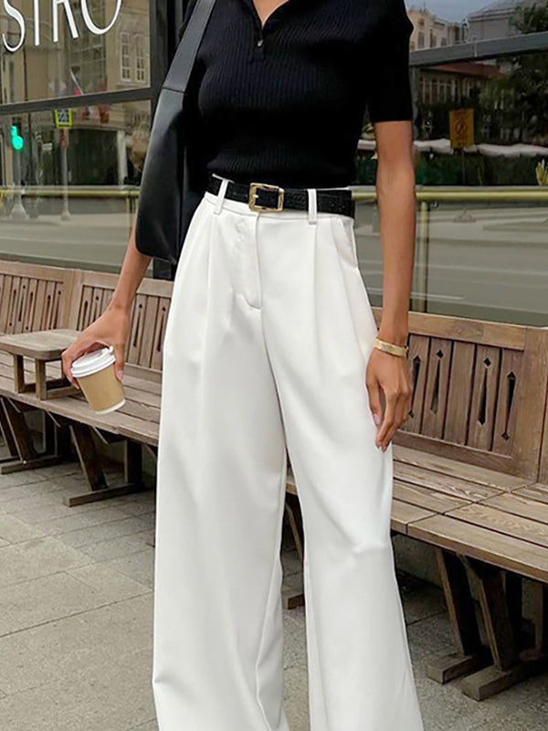 High Waisted Loose No Belt Pleated Pockets Solid Color Suit Pants Trousers